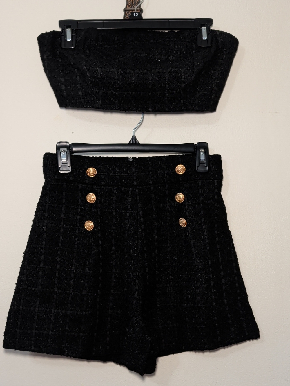 Black Tweed Two-Piece Crop Top & High-Waist Shorts Set Gold Buttons Women's M